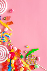 Fototapeta na wymiar Set of colorful candies and lollipop. Sweet food and candies background
