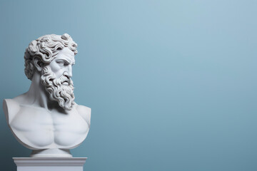 a bust of a Greek god made of stone on a pedestal. A sculpture of an ancient Roman man.