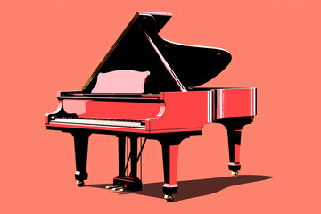  a red piano sitting on top of a pink floor next to a black piano with a white cushion on top of it and a black piano stand with a pink background.