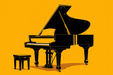  a black piano sitting next to a stool on top of a yellow background with a black piano sitting next to a stool on top of a yellow background with a black piano.