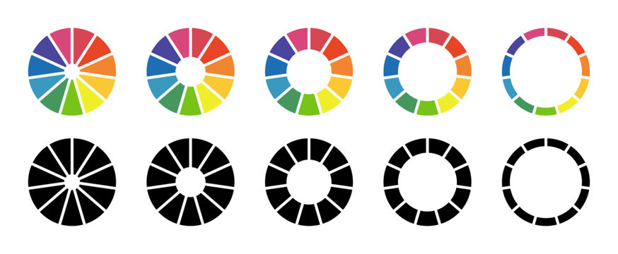 Set of infographic circle chart, pies segmented with equal parts. Infographic diagram multicolored collection. Wheels divided in eleven sections. Circle section graph. Pie chart round. Loading bar set