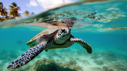 tortue marine en train de nager à la surface de la mer - obrazy, fototapety, plakaty