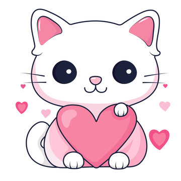 Kawaii cat with heart for Valentine's day. Vector illustration