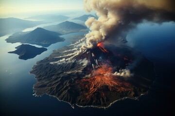  an aerial view of a volcano in the middle of a body of water with a plume of smoke coming out of the top of the volcano and a body of water below.