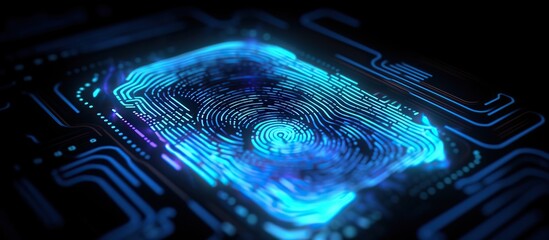Futuristic digital fingerprint scanner biometric identification on screen interface. security technology concept