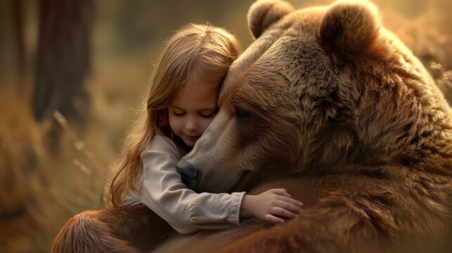Fototapeta Beautiful little girl hug wild brown bear at forest. Animal love concept. Pretty child smile. Kind fairy tale. Sweet friendship. Fluffy teddy friend. Cute kid walk wood.