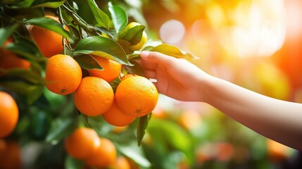 woman hand choosing and pick up fresh orange fruit from tree in orchard with sunlight, Generative Ai - obrazy, fototapety, plakaty