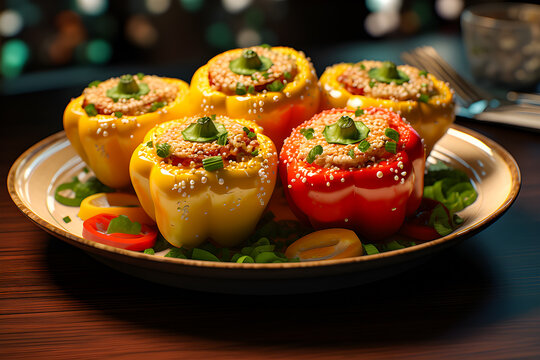 Close Up Of Bell Peppers Stuffed With Quinoa , Generative AI