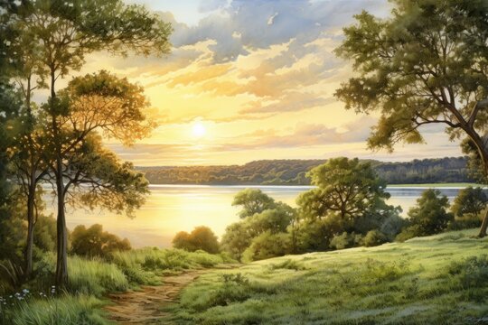  a painting of a sunset over a body of water with trees and grass on either side of a path leading to a body of water with a boat in the distance.