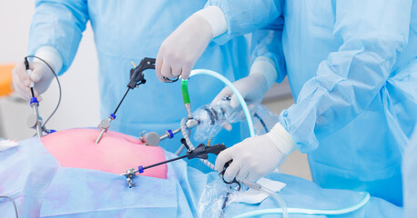 Doctor surgeon holding laparoscopic instrument in abdomen of patient. Minimally invasive surgery, team doctors use medical equipment, operating room hospital