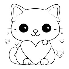 Kawaii cat with heart coloring page for Valentine's Day. Outline vector illustration