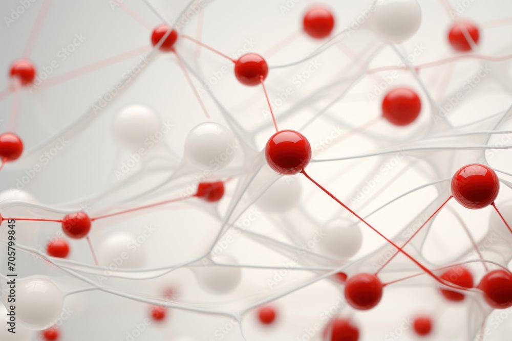 Poster a bunch of red and white balls are connected to a network of red and white balls on a white surface 