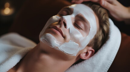 Facial skin care procedures in a beauty. Beauty treatment, scrup, applies mask, man lays on the coach for beauty procedures,  Generated AI - obrazy, fototapety, plakaty