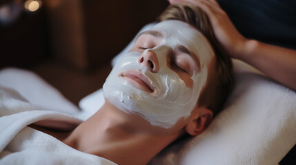 Obraz na płótnie Canvas Facial skin care procedures in a beauty. Beauty treatment, scrup, applies mask, man lays on the coach for beauty procedures, Generated AI