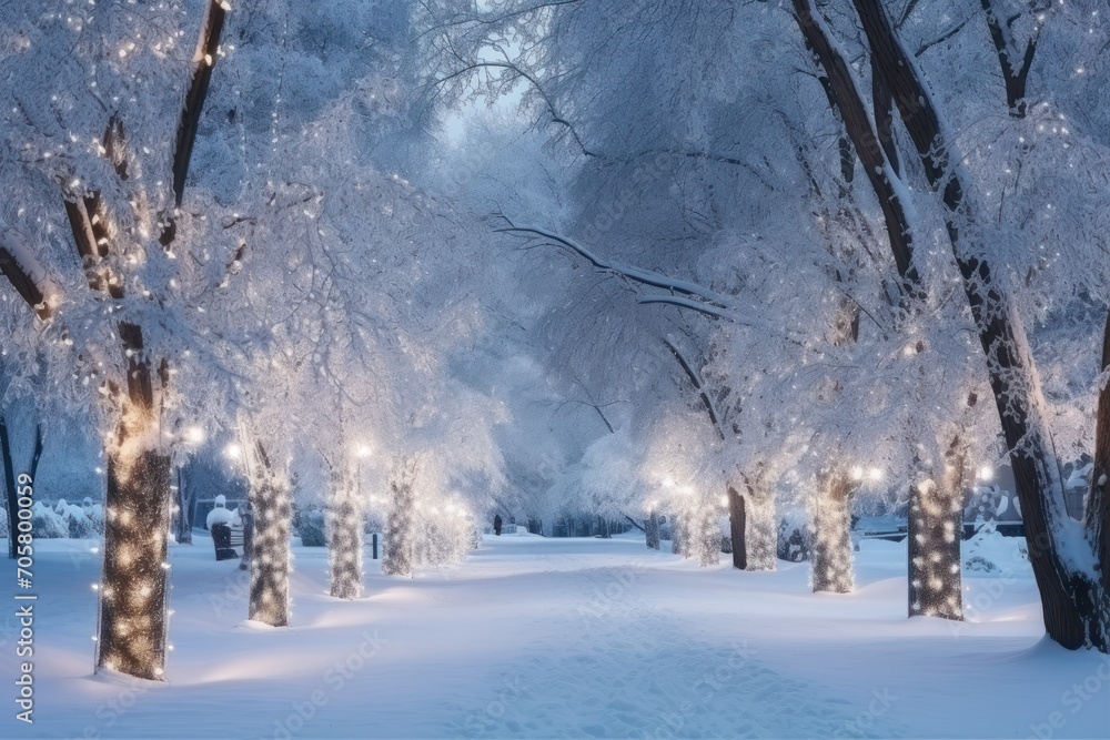 Poster a path lined with trees covered in snow with christmas lights on each of the trees and in the middle