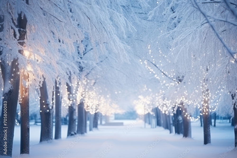 Poster a snowy path lined with lots of trees covered in snow with christmas lights hanging from the trees o