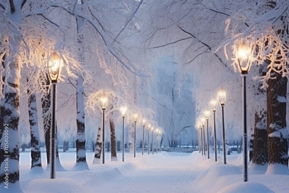 Poster a park covered in snow with lots of trees covered in snow and street lights on each side of the path