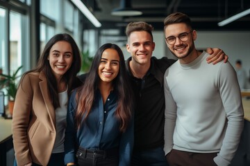 Fototapeta premium An international team of young versatile entrepreneurs, young smiling budding businessmen full of ideas and creativity, a business group of young startups.