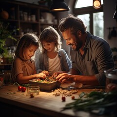 Feliz familia joven con niños cocinando juntos en la cocina preparando una ensalada y comida saludable. 
Estilo de vida en familia. - obrazy, fototapety, plakaty