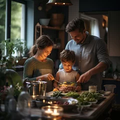 Poster Feliz familia joven con niños cocinando juntos en la cocina preparando una ensalada y comida saludable.  Estilo de vida en familia. © Crowded Studio