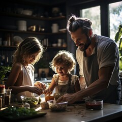 Feliz familia joven con niños cocinando juntos en la cocina preparando una ensalada y comida saludable. 
Estilo de vida en familia.