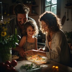 Fototapeta na wymiar Feliz familia joven con niños cocinando juntos en la cocina preparando una ensalada y comida saludable. Estilo de vida en familia.