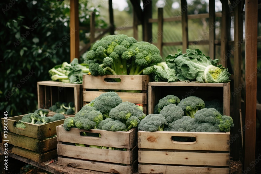 Poster  a pile of crates filled with lots of green broccoli next to other boxes of broccoli and cauliflower next to a fenced area with trees in the background.
