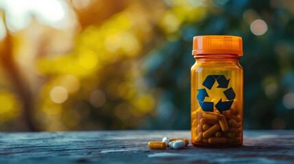 An eco-friendly medical pill bottle featuring a prominent recycling symbol, emphasizing the importance of proper medical waste disposal and environmental responsibility after medication expiration. - obrazy, fototapety, plakaty