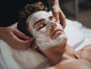 Facial skin care procedures in a beauty. Beauty treatment, scrup, applies mask, man,  Generated AI