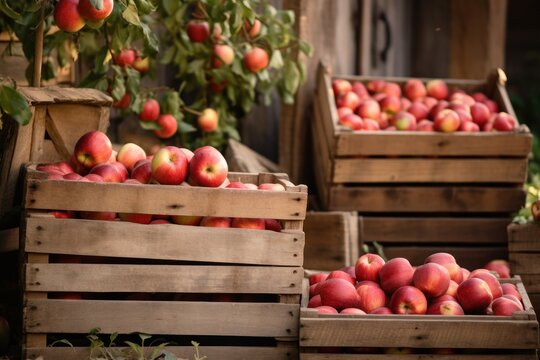  a pile of wooden crates filled with lots of red apples next to a bushel of green leaves and a bushel of red apples hanging from a tree in the background.