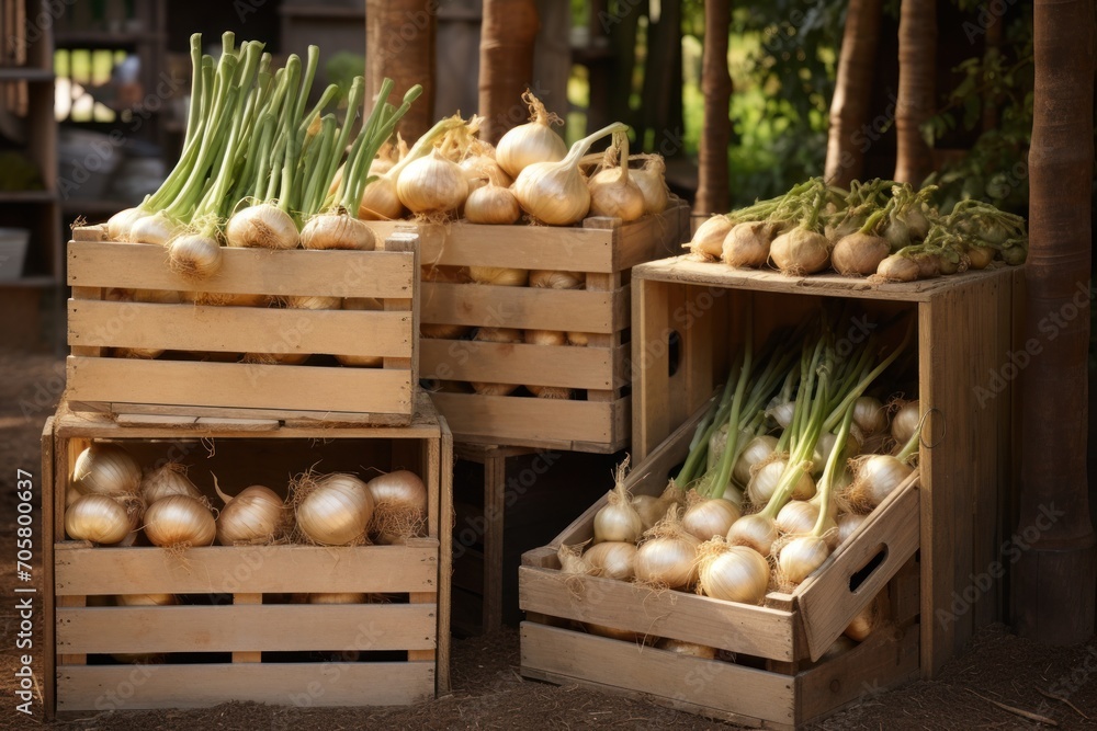 Poster  a group of crates filled with onions sitting on top of a dirt floor next to a pile of wood crates filled with onions and onions on top of wood crates.