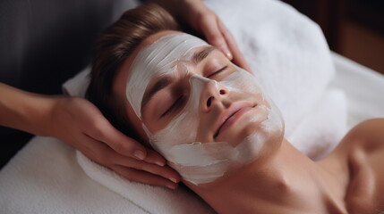 Obraz na płótnie Canvas Facial skin care procedures in a beauty. Beauty treatment, scrup, applies mask, man, Generated AI