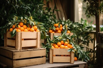  a group of crates filled with oranges sitting on top of a wooden pallet next to a planter filled with oranges on top of another pallets.