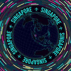 Singapore on globe. Satelite view of the world centered to Singapore. Bright neon style. Futuristic radial bricks background. Attractive vector illustration.