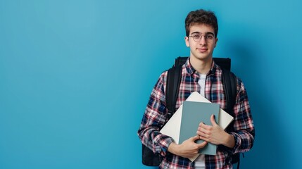 front view of male student wearing black backpack holding copybooks and files on blue wall   
