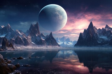 Fantasy alien planet. Mountain and lake. 3D Illustration, Fantasy depiction of an alien planet featuring mountains and a lake, AI Generated - obrazy, fototapety, plakaty