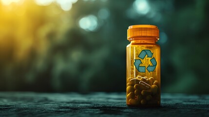 An eco-friendly medical pill bottle featuring a prominent recycling symbol, emphasizing the importance of proper medical waste disposal and environmental responsibility after medication expiration.