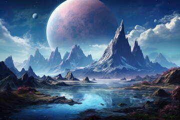 Fantasy alien planet. Mountain and lake. 3D illustration, Fantasy depiction of an alien planet...