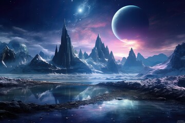 Fantasy alien planet. Mountain and lake. 3D illustration, Fantasy depiction of an alien planet featuring mountains and a lake, AI Generated