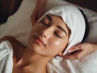 Fototapeta na wymiar Facial skin care procedures in a beauty. Beauty treatment, scrup, applies mask, woman, Generated AI
