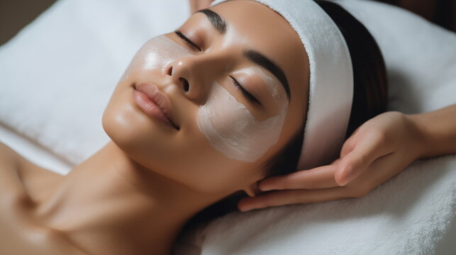 Facial skin care procedures in a beauty. Beauty treatment, scrup, applies mask, woman,  Generated AI