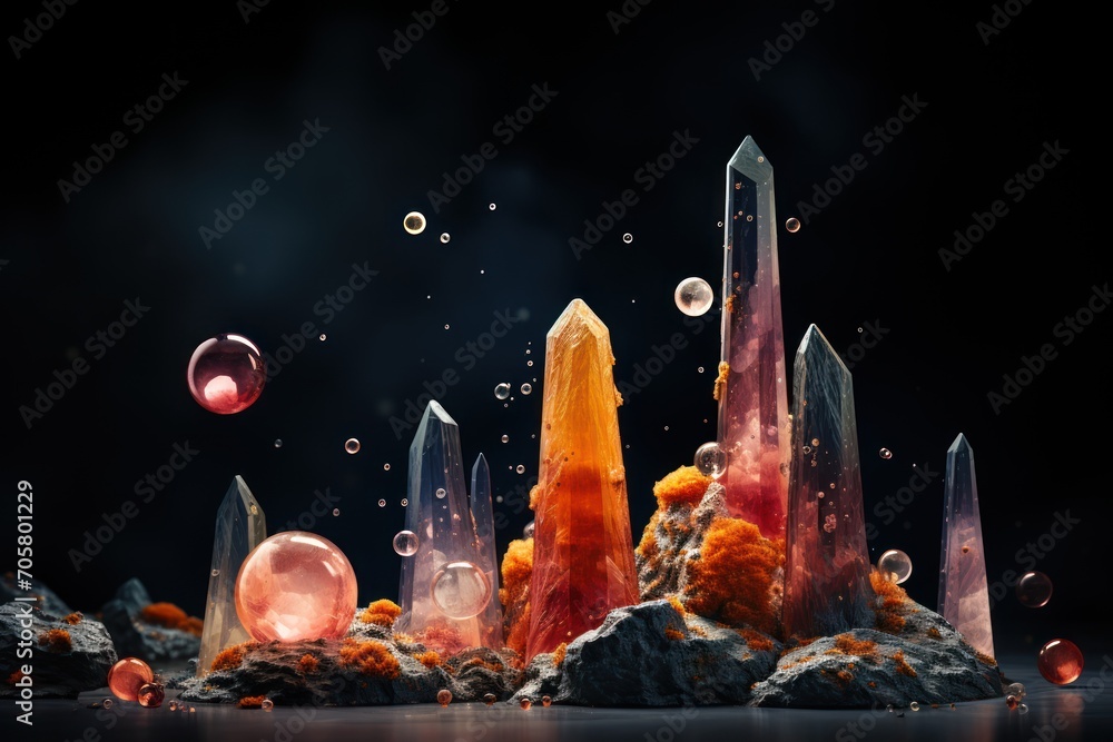 Poster a group of different colored rocks with bubbles coming out of them and a black background with a bla