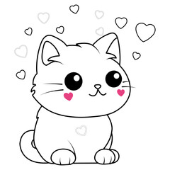 Kawaii cat with heart coloring page for Valentine's Day. Outline vector illustration