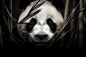 Portrait of Giant panda bear in bamboo forest, black and white tone, Face of a panda chewing on...