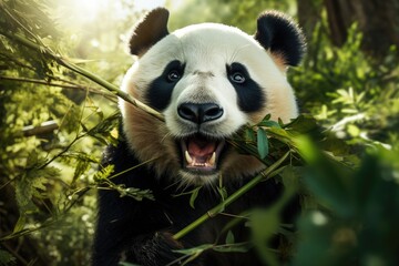 Portrait of a giant panda eating bamboo leaves in the forest, Face of a panda chewing on bamboo, AI...