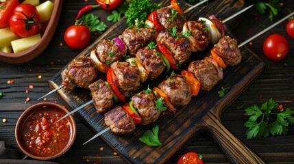 kebab made of minced meat on metal skewer with vegetables and sauce on dark wooden   
