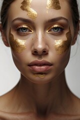 Close-up of a creative portrait of a young woman with golden cream, face mask, clean smooth skin, plump lips on a white background near the windowsill. Makeup, cosmetics, beauty concepts.
