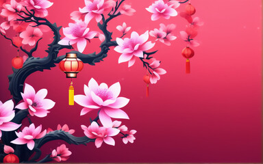Happy chinese new year, year of the dragon zodiac sign hanging beautiful lantern and flowers on red background. Copy space