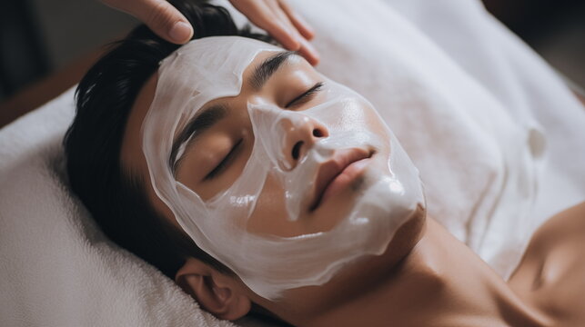 Facial skin care procedures in a beauty. Beauty treatment, scrup, applies mask, man,  Generated AI