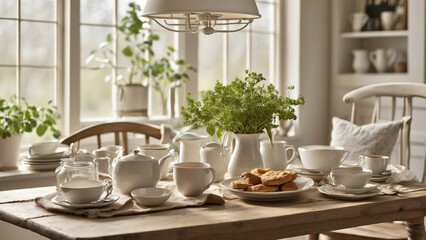 Fototapeta premium Photo the essence of a tranquil breakfast scene at farmhouse kitchen table it's a simple cup of coffee or a hearty breakfast spread
